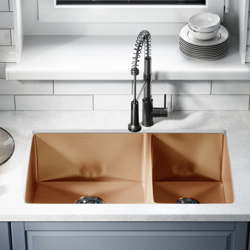 Rivage 33 x 20 Stainless Steel, Dual Basin, Undermount Kitchen Sink in Rose Gold