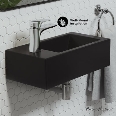 Voltaire 19.5 x 10 Rectangular Ceramic Wall Hung Sink with Left Side Faucet Mount, Matte Black