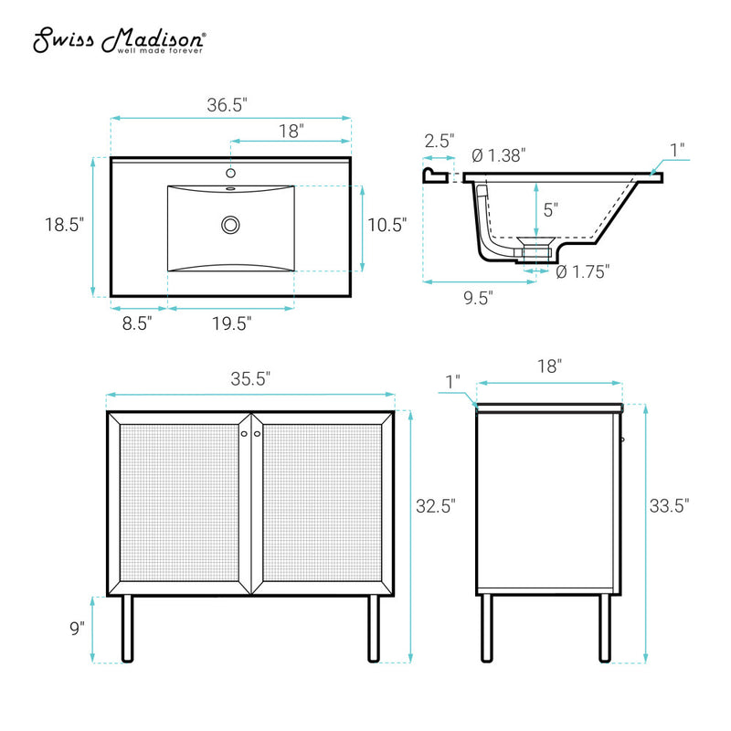 Classe 36" Freestanding Bathroom Vanity in Black Oak with Sink Top