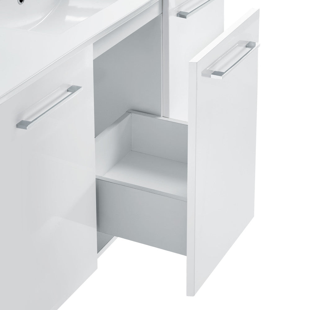 48-inch freestanding white bathroom vanity with soft-close doors and single sink top.