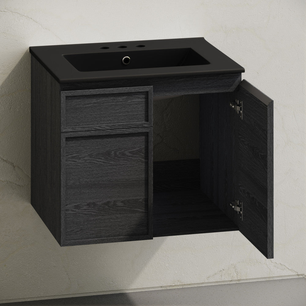 St. Tropez 24" Wall-Mounted Bathroom Vanity in Black Oak with Black 3-Hole Centerset Sink Top