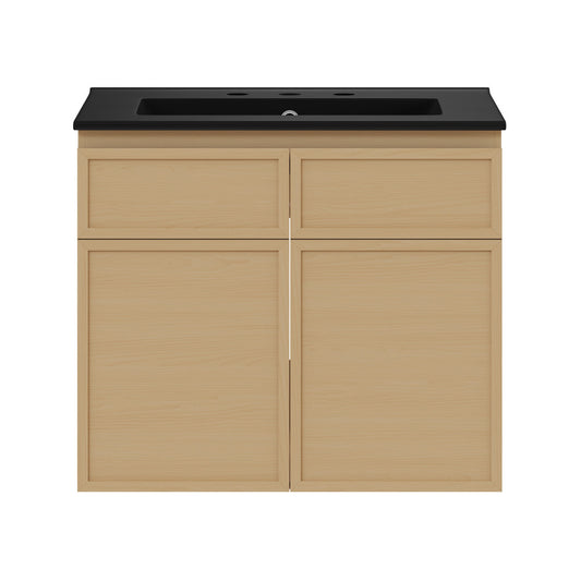 St. Tropez 24" Wall-Mounted Bathroom Vanity in Natural Oak with Black 3-Hole Centerset Sink Top
