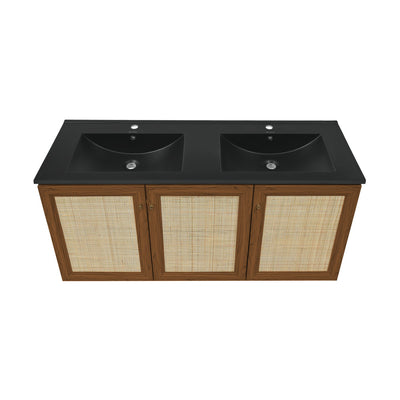 Classe 48" Wall-Mounted Bathroom Vanity in Brown Oak with Black Double Basin Sink Top