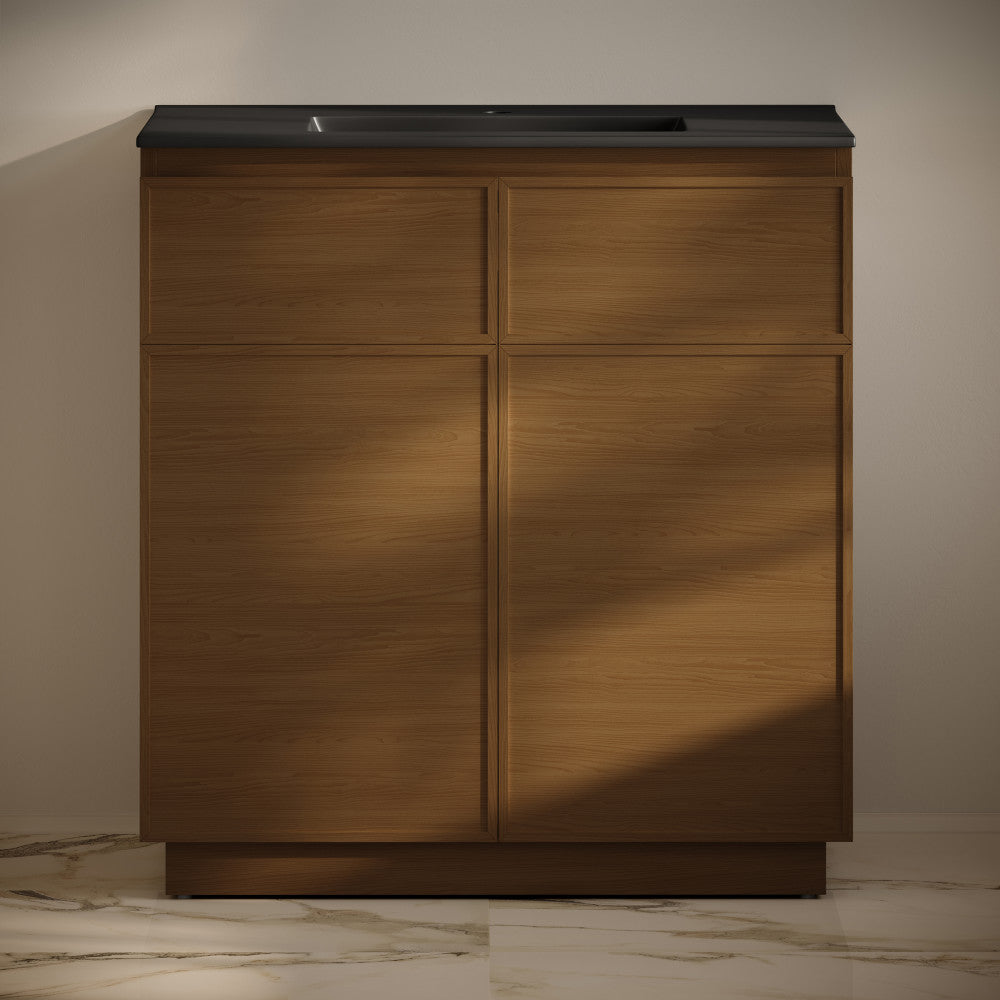 St. Tropez 36" Freestanding Bathroom Vanity in Brown Oak with Black Sink Top