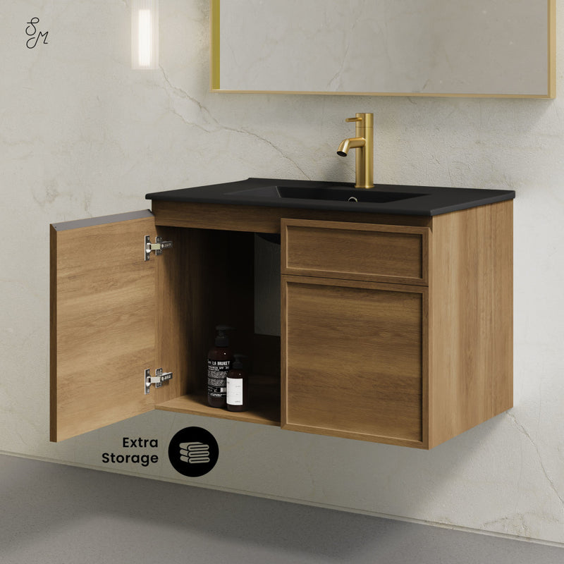 St. Tropez 30" Wall-Mounted Bathroom Vanity in Brown Oak with Black Sink Top