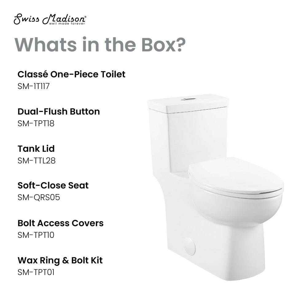 Elongated one-piece toilet in glossy white with dual flush and soft-close seat.