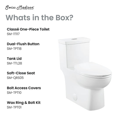 Elongated one-piece toilet in glossy white with dual flush and soft-close seat.