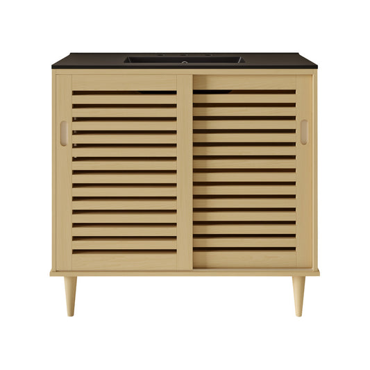 Delice 36" Freestanding Bathroom Vanity in Natural Oak with Black 3-Hole Widespread Sink Top