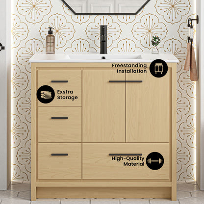 Virage 36" Freestanding Bathroom Vanity in Natural Oak with Sink Top