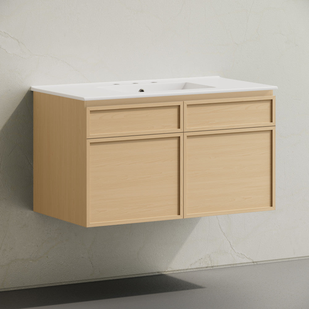 St. Tropez 36" Wall-Mounted Bathroom Vanity in Natural Oak with 3-Hole Widespread Sink Top
