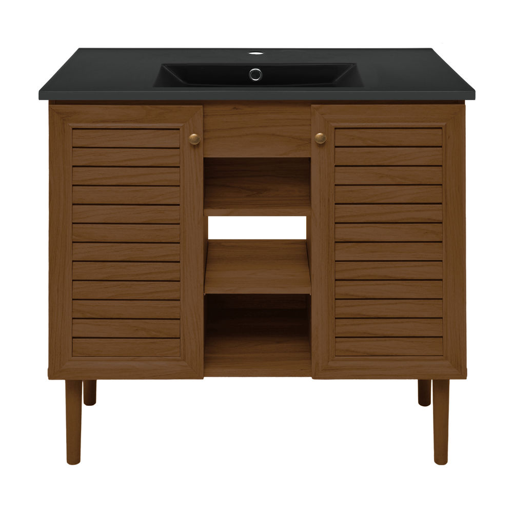 Bron 36" Freestanding Bathroom Vanity in Brown Oak with Black Sink Top