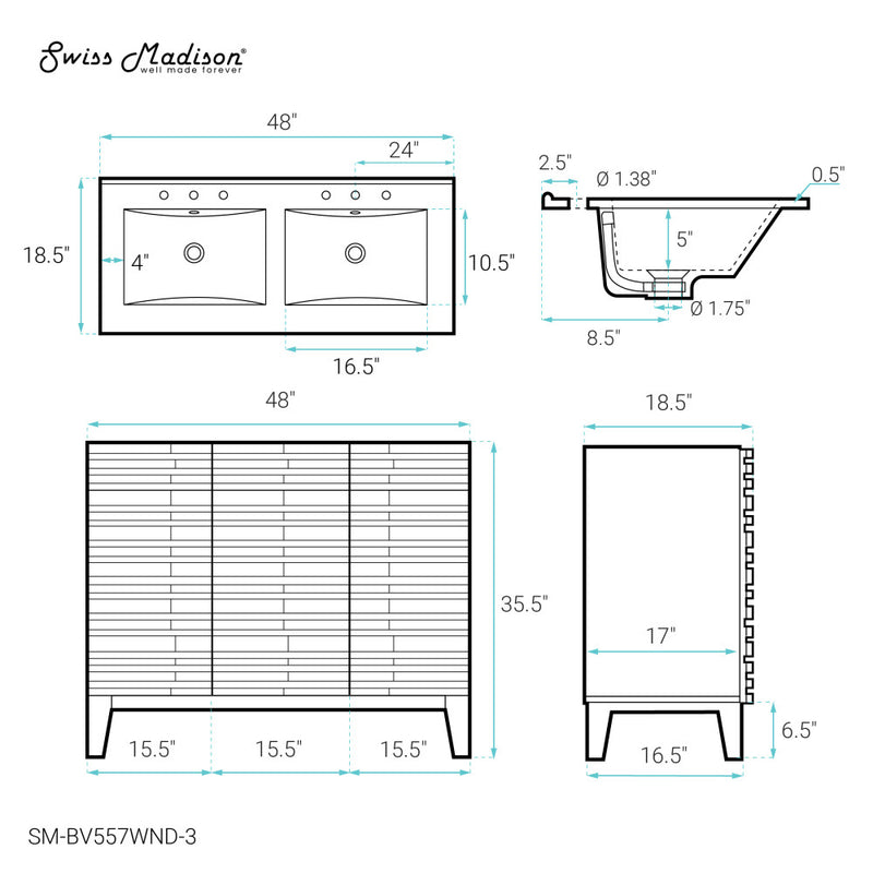 Cascade 48 in. Brown Oak, Double Basin Bathroom Vanity With White, 3-Hole Ceramic Sink Top