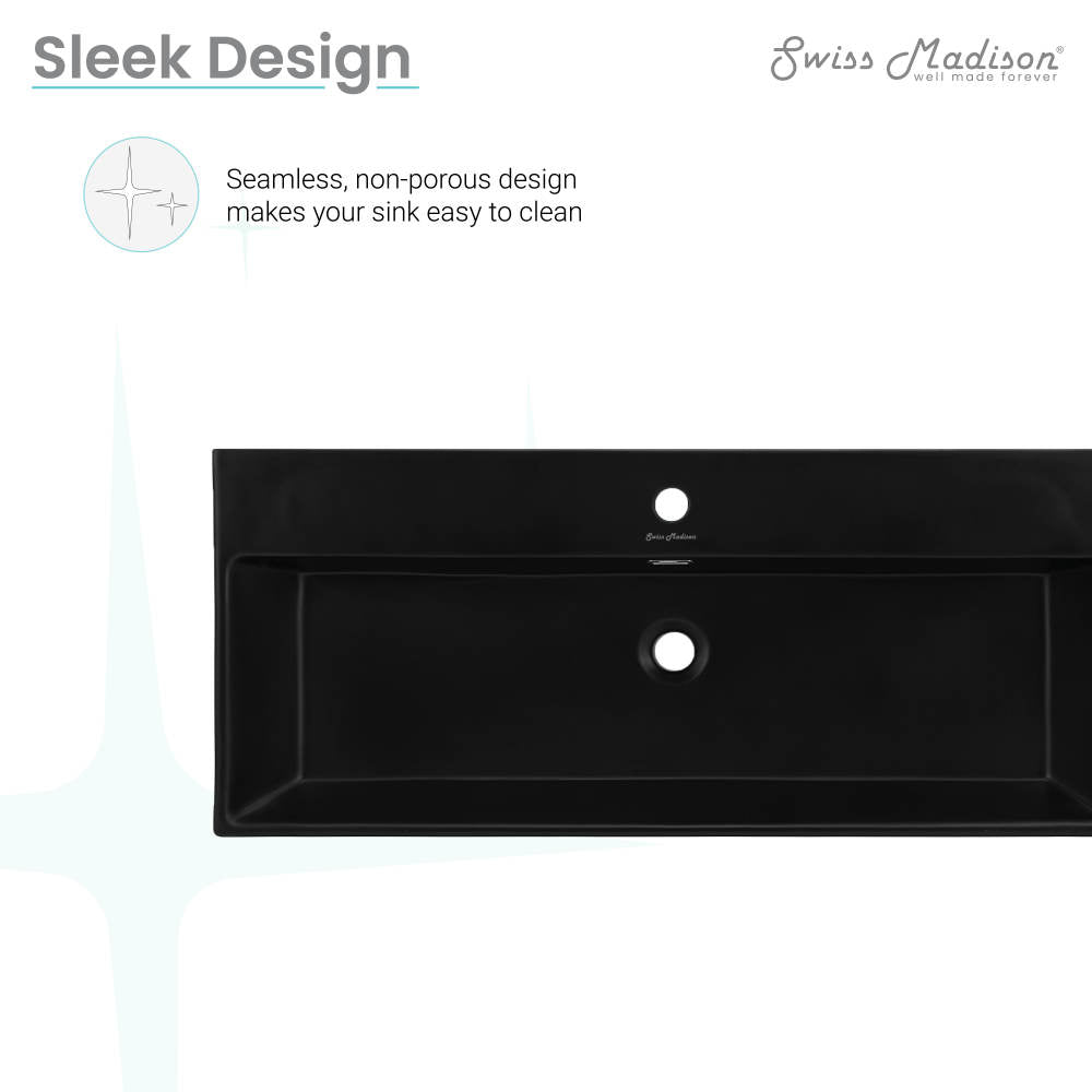 40" rectangular wall-mount bathroom sink in matte black with seamless, non-porous design.