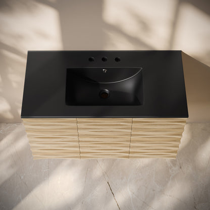 Cascade 36" Wall-Mounted Bathroom Vanity in Natural Oak with Black 3-Hole Widespread Sink Top