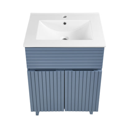 24-inch freestanding bathroom vanity in blue heather with single sink and soft-close doors.