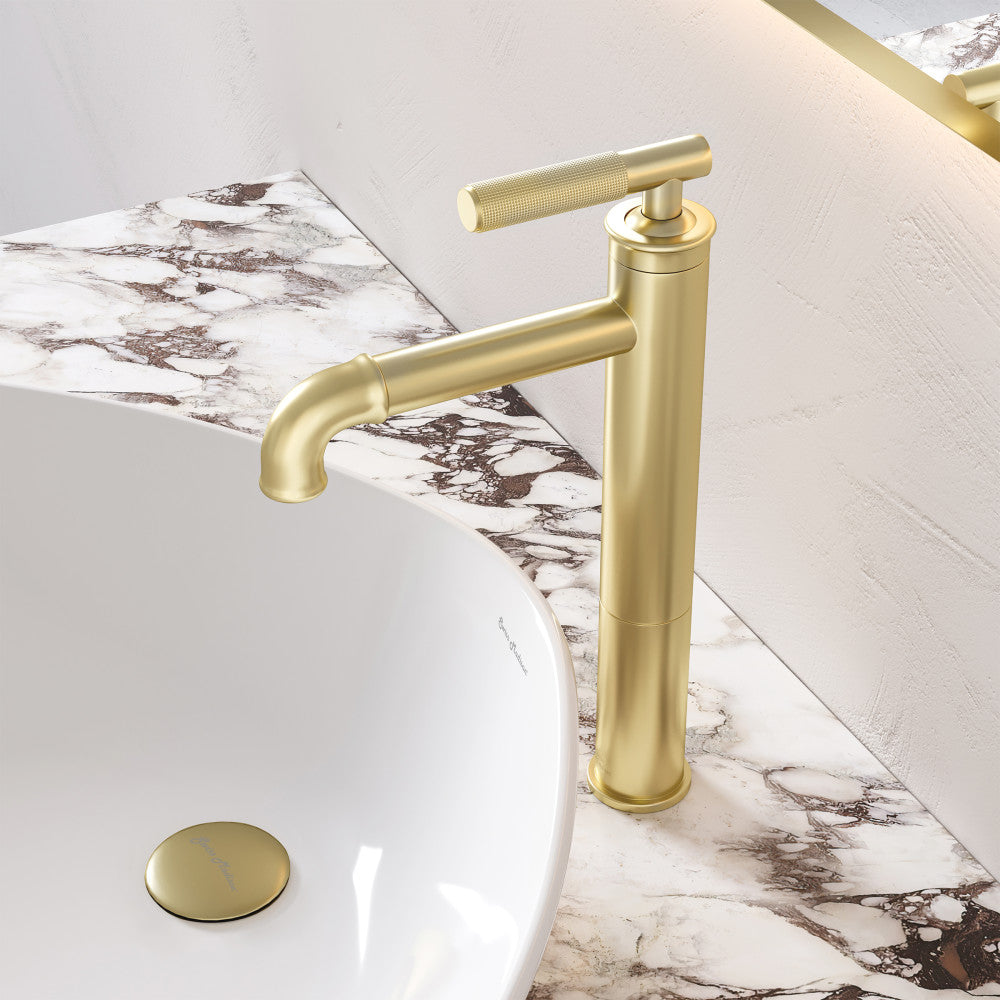 Single-handle high arc bathroom faucet in brushed gold, sleek modern design.