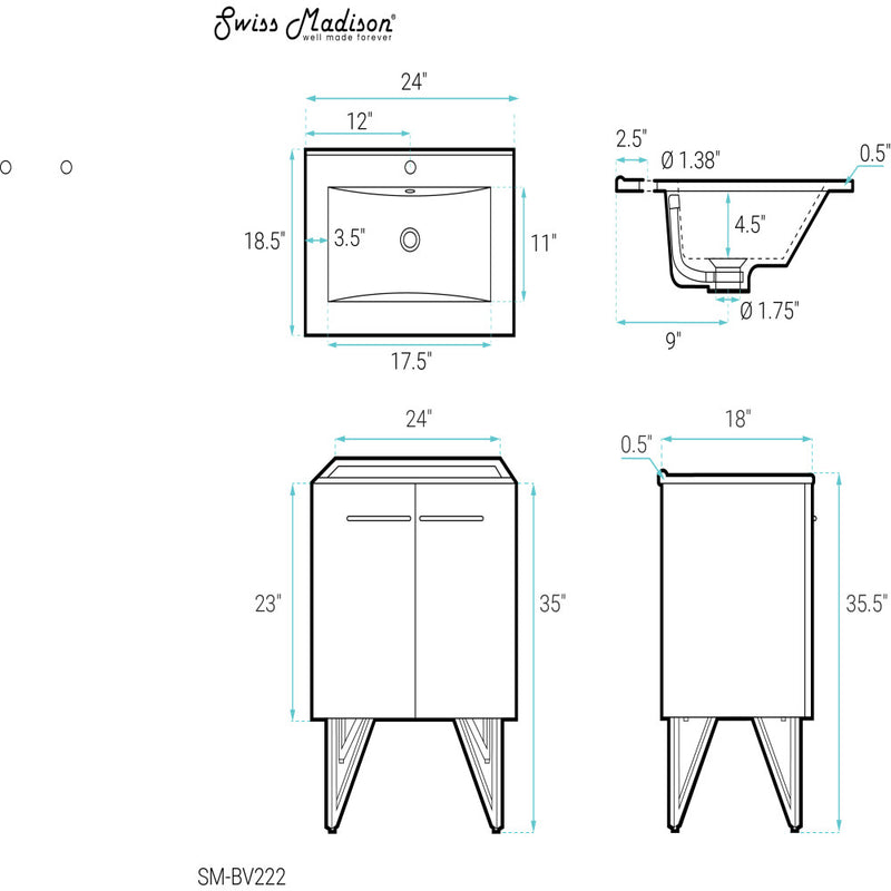 Annecy 24 Single, Black Walnut, Two Doors, Bathroom Vanity