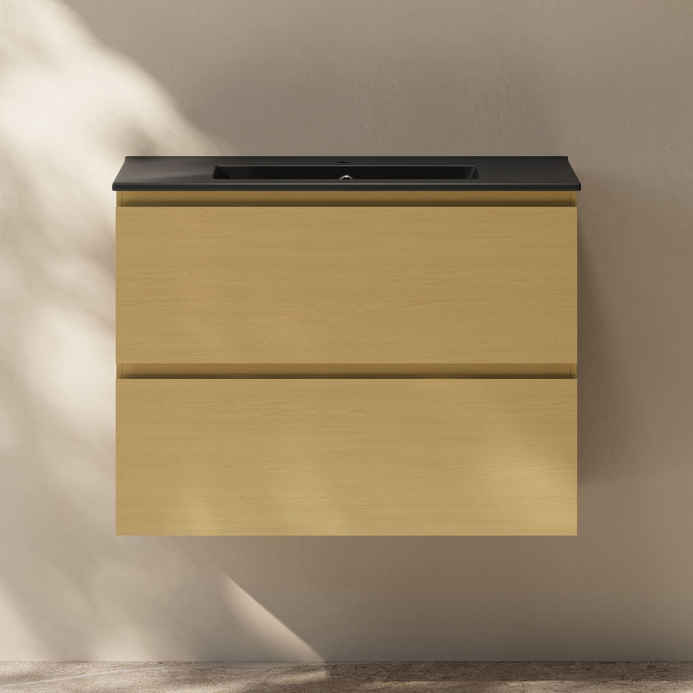 Liberte 30" Wall-Mounted Bathroom Vanity in Natural Oak with Black Sink Top