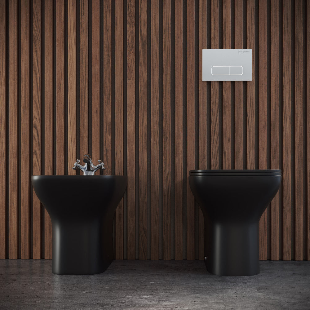 Black bidet faucet with dual handles, paired with a matching black bidet against a wood-paneled wall.