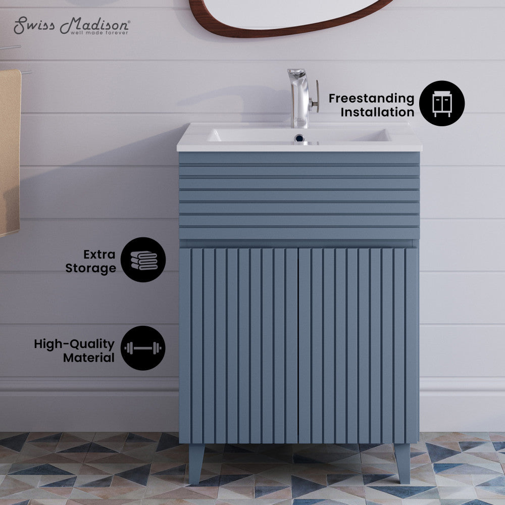 24-inch freestanding blue heather bathroom vanity with single sink and vertical groove design.