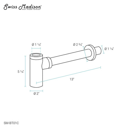 Chrome P-trap drain pipe with 2 ½ inch outlet and 1 ½ inch inlet, 13 inches long.