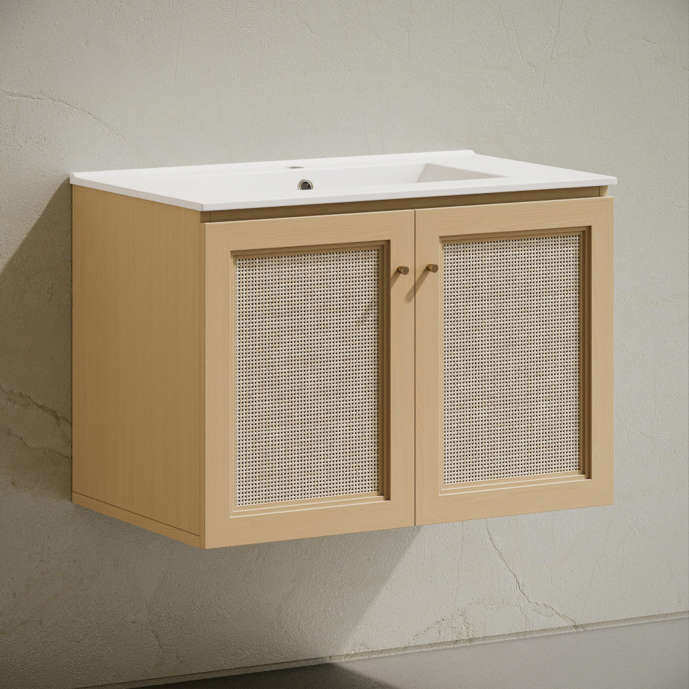 Classe 30" Wall-Mounted Bathroom Vanity in Natural Oak with Single Faucet Hole Vanity Top