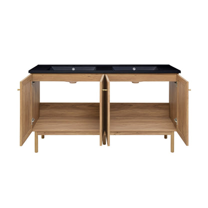 Classe 60" Freestanding Bathroom Vanity in Golden Oak with Black 3-Hole Widespread Double Basin Sink Top
