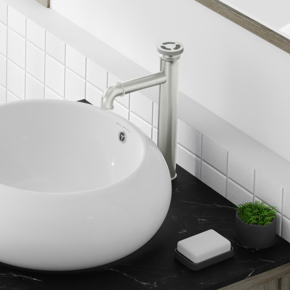 Single-handle high arc bathroom faucet in brushed nickel with wheel handle and single hole mount.