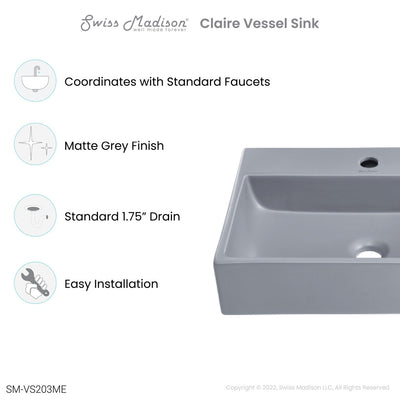 Claire 20"  Rectangle Ceramic Vessel Sink in Matte Grey