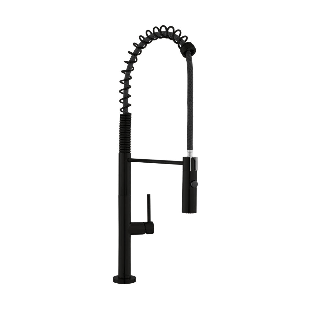 Single handle pull-down kitchen faucet in matte black with spring coil spout and cylindrical base.