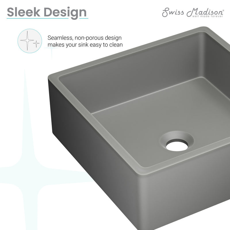 Lisse 15" Square Concrete Vessel Bathroom Sink in Dark Grey