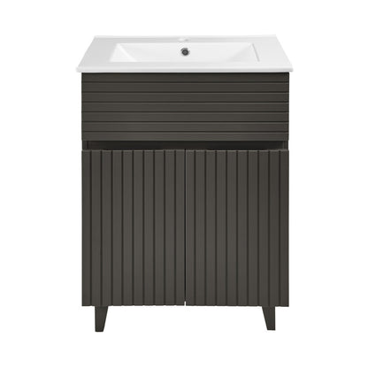 24-inch freestanding bathroom vanity in cedar gray, single sink, soft-close doors.