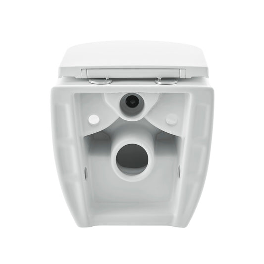 Glossy white wall-hung toilet with dual flush system and flush plate, compact design.