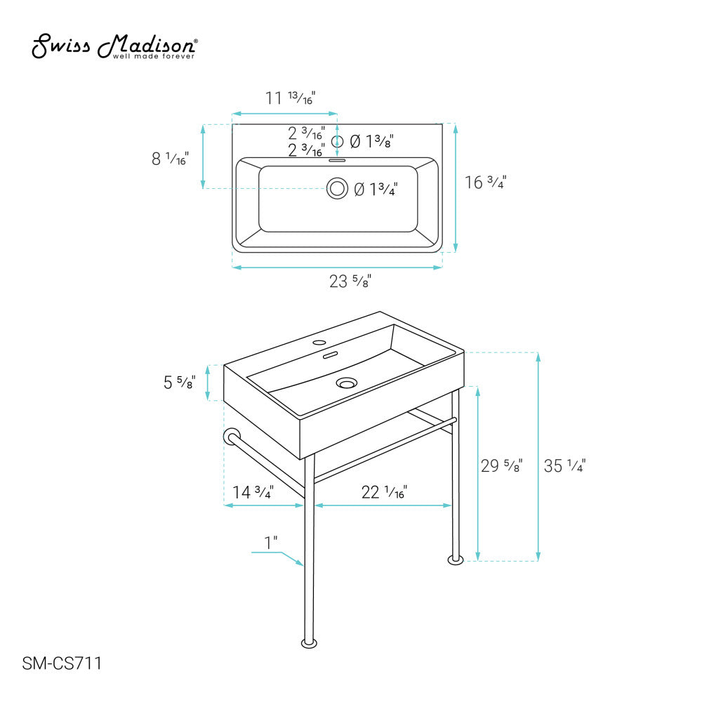 Claire 24" Rectangle Console Sink with Faucet, Drain, P-trap included, with Chrome Legs
