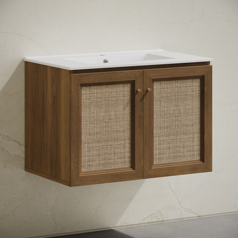 Classe 30" Wall-Mounted Bathroom Vanity in Brown Oak with Single Faucet Hole Vanity Top