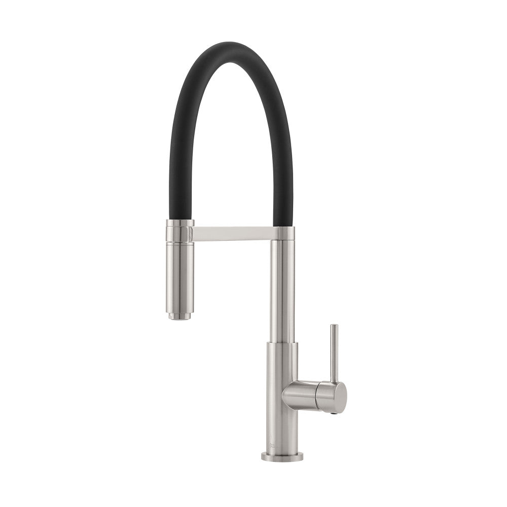 Pull-down kitchen faucet in brushed nickel with single handle and flexible black spout.