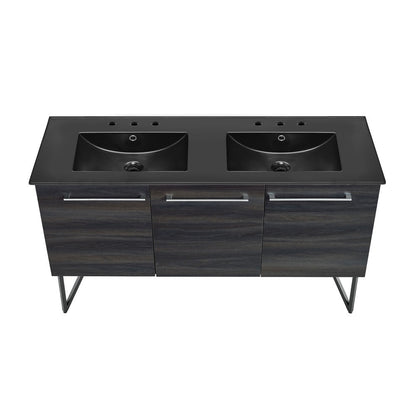 Annecy 60 in. Black Walnut, Double Basin Bathroom Vanity With Black, 3-Hole Artificial Stone Sink Top