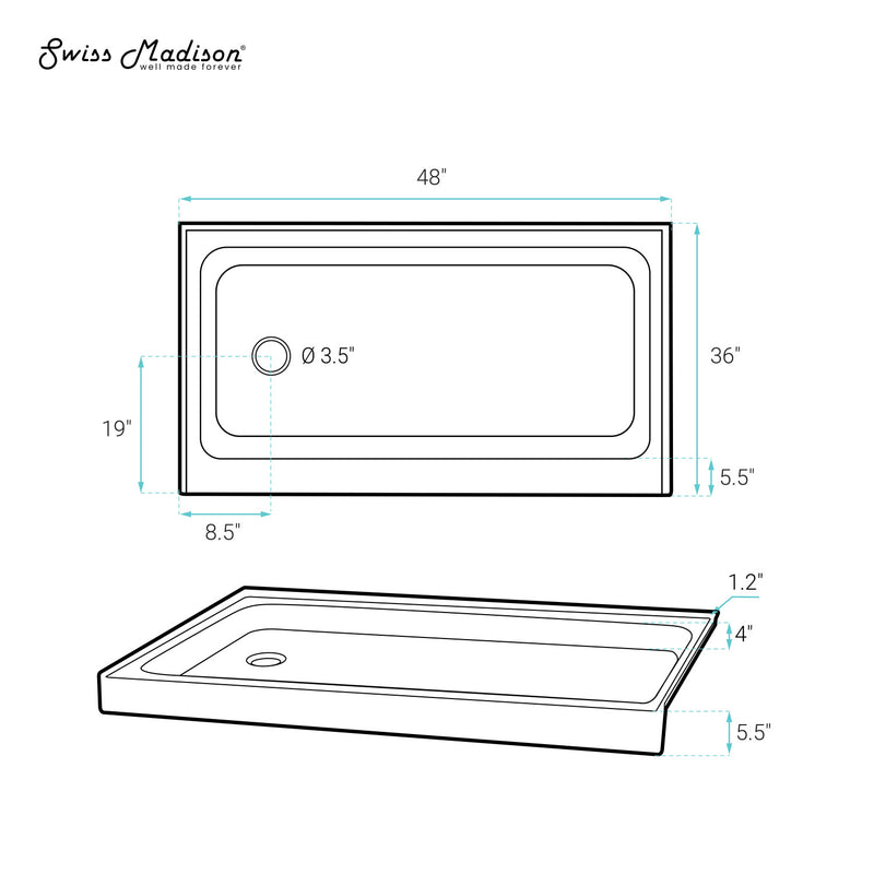 Voltaire 48" x 36" Single-Threshold, Left-Hand Drain, Shower Base in Grey