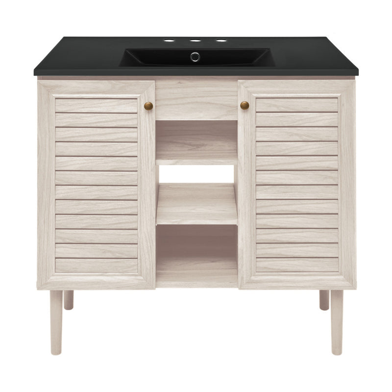 Bron 36" Freestanding Bathroom Vanity in White Oak with Black 3-Hole Widespread Sink Top