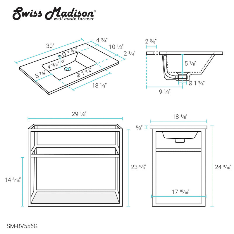 Pierre 30 Single, Open Shelf, Gold Metal Frame Bathroom Vanity