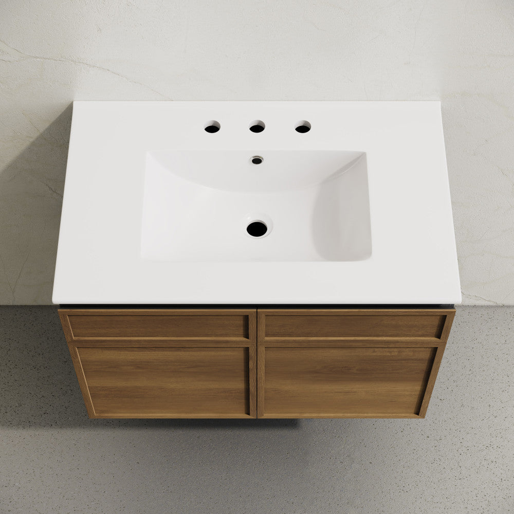 St. Tropez 30" Wall-Mounted Bathroom Vanity in Brown Oak with 3-Hole Widespread Sink Top