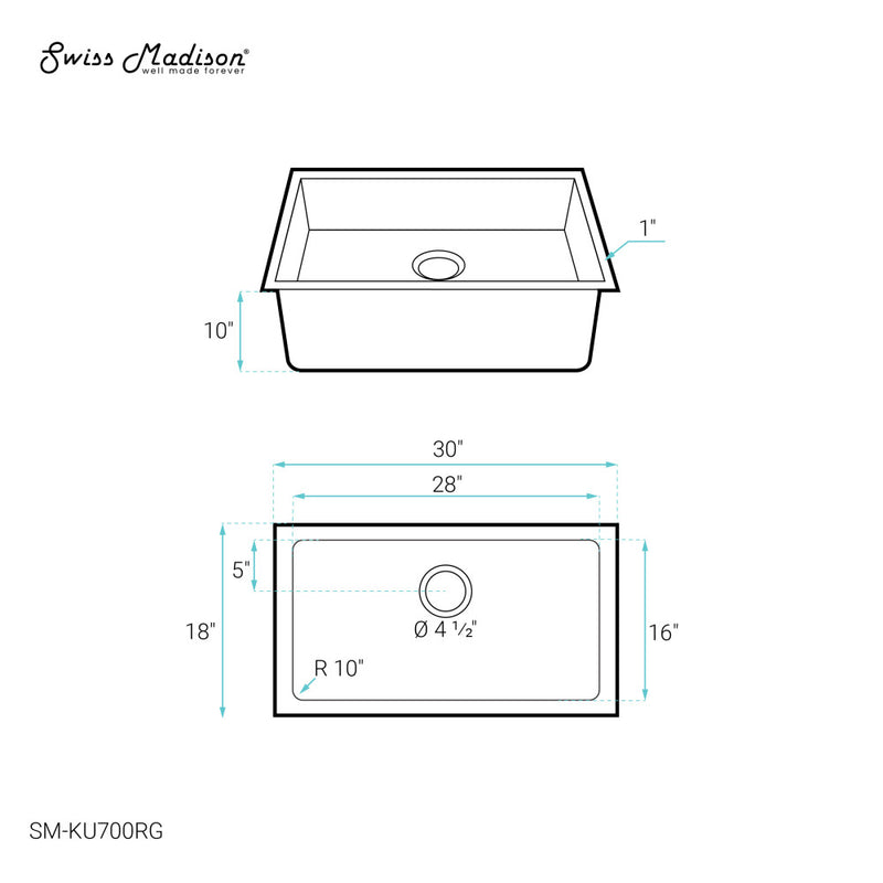 Rivage 30 x 18 Stainless Steel, Single Basin, Undermount Kitchen Sink, Rose Gold