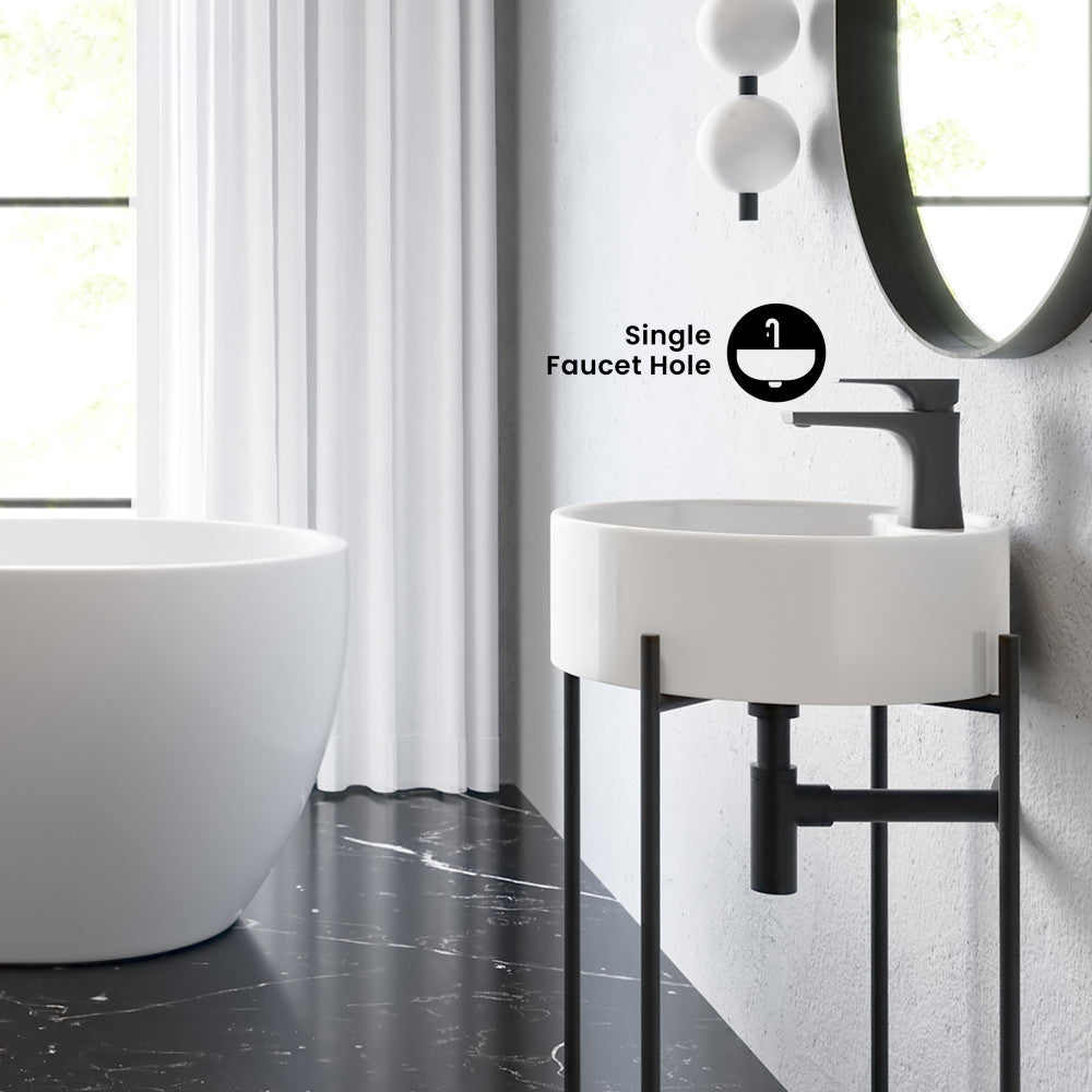 Monaco 16" Round Console Sink with Faucet Mount, White Basin Matte Black Legs