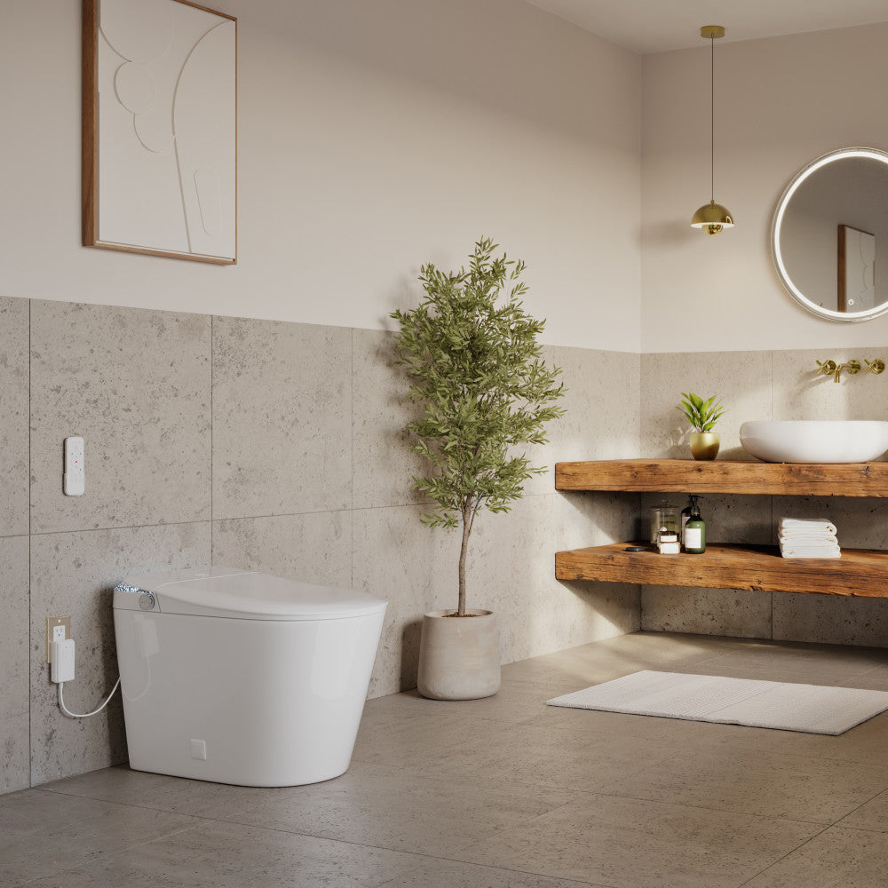 Remi Smart Toilet 12” Rough-in ADA Height in Glossy White with Integrated Tank, Auto-Open Lid, Foot Sensor