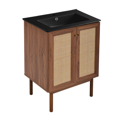 Classe 24 in. Brown Oak Bathroom Vanity With Black Ceramic Sink Top