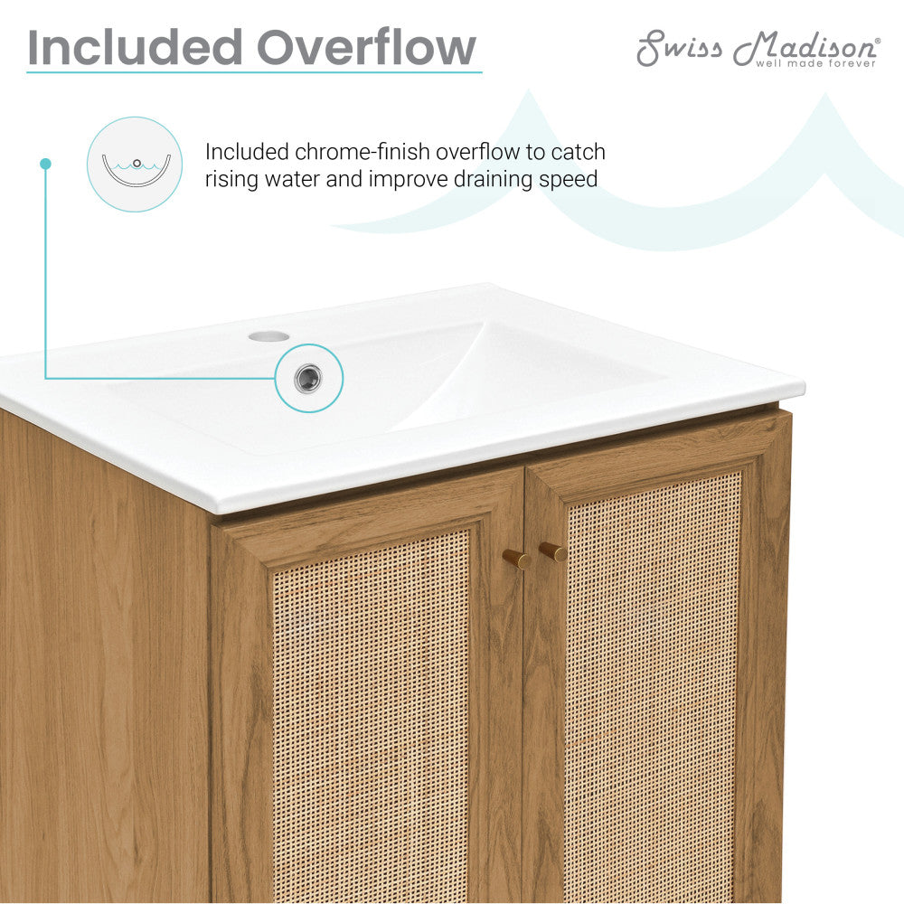 24-inch freestanding bathroom vanity in golden oak with single sink and rattan cabinet doors.