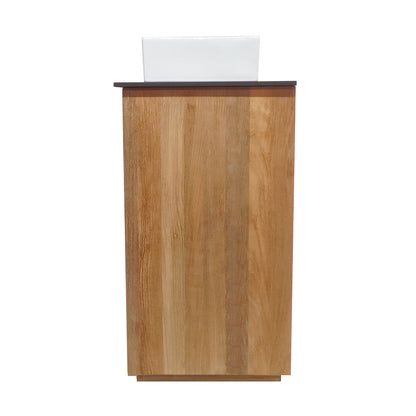 36-inch freestanding bathroom vanity in natural teak with single sink and soft-close doors.