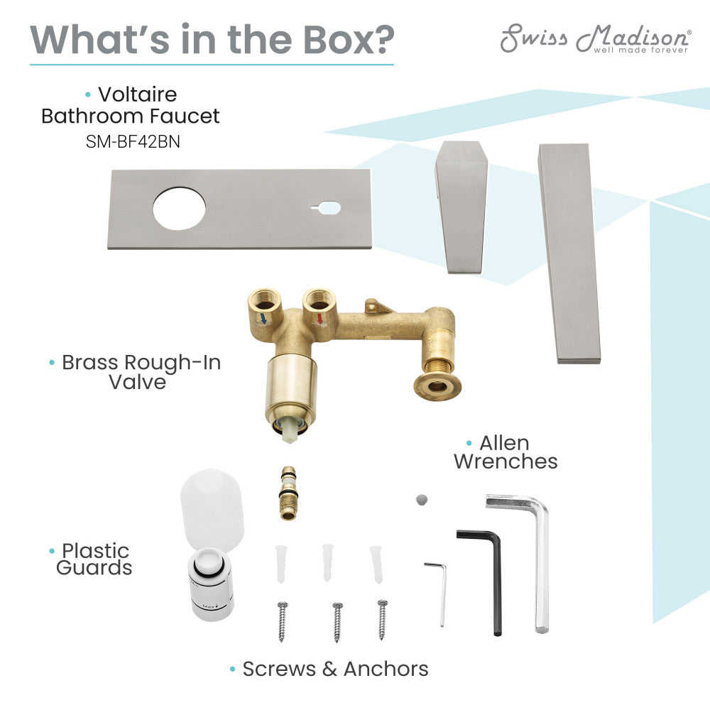 Single-handle wall-mount bathroom faucet in brushed nickel with rectangular handle and valve components.