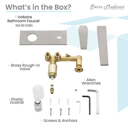 Single-handle wall-mount bathroom faucet in brushed nickel with rectangular handle and valve components.