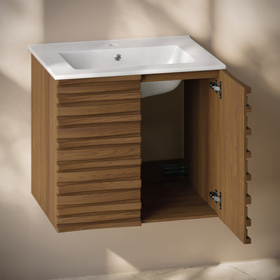 Cascade 24" Wall-Mounted Bathroom Vanity in Brown Oak with Sink Top